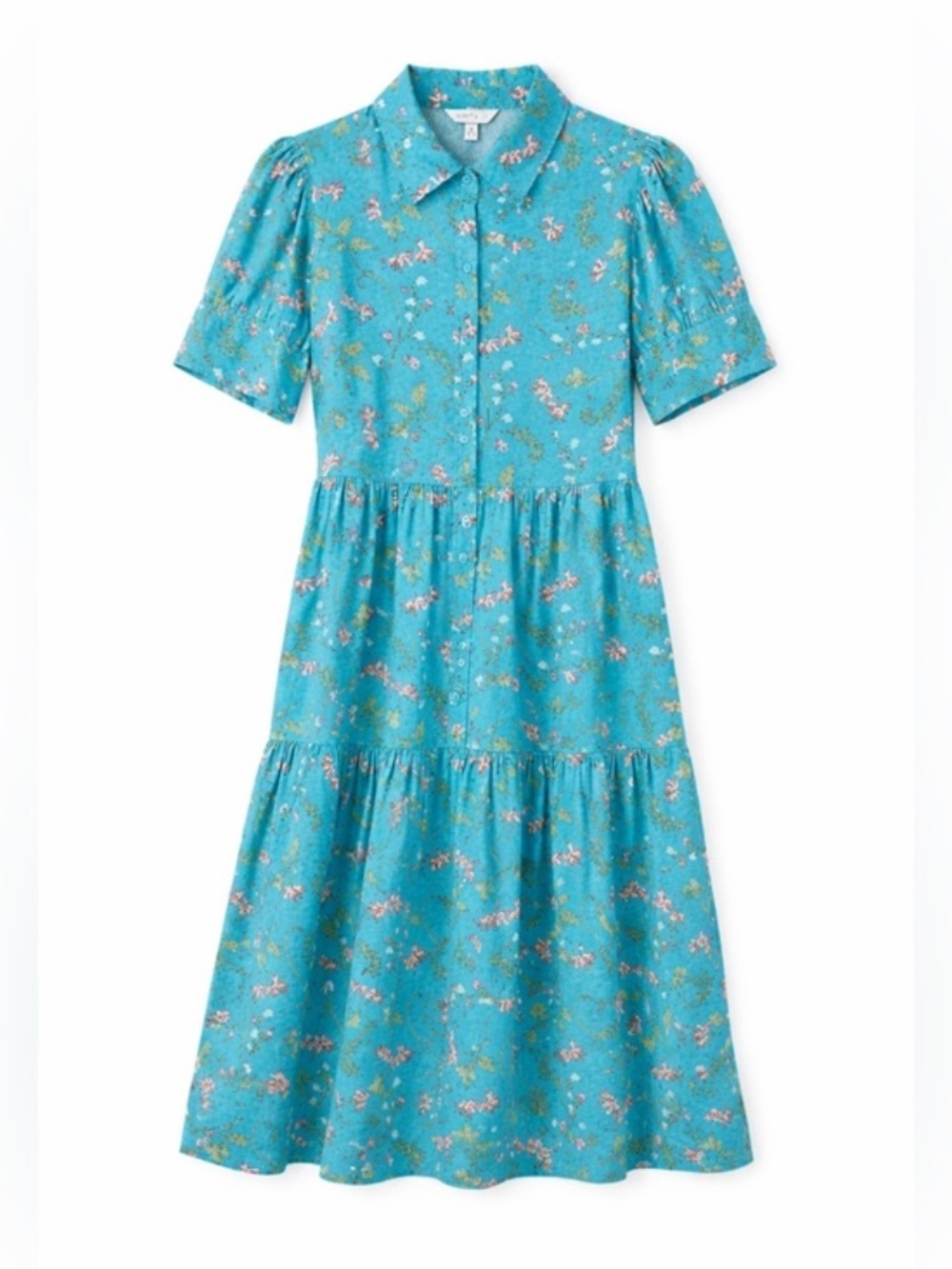 Crown & Ivy Teal Floral Linen Blend‎ Puff Sleeve Tiered Midi Dress Button Front